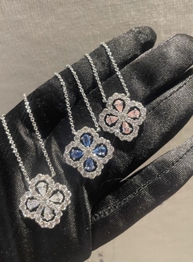 高定版HW四叶草镶钻项链女满钻花朵幸福之门吊坠水滴钻花型锁骨链