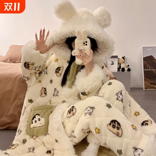 诺盾睡袍冬款 女士家居服可外穿 女三层夹棉加厚保暖珊瑚绒睡衣新款