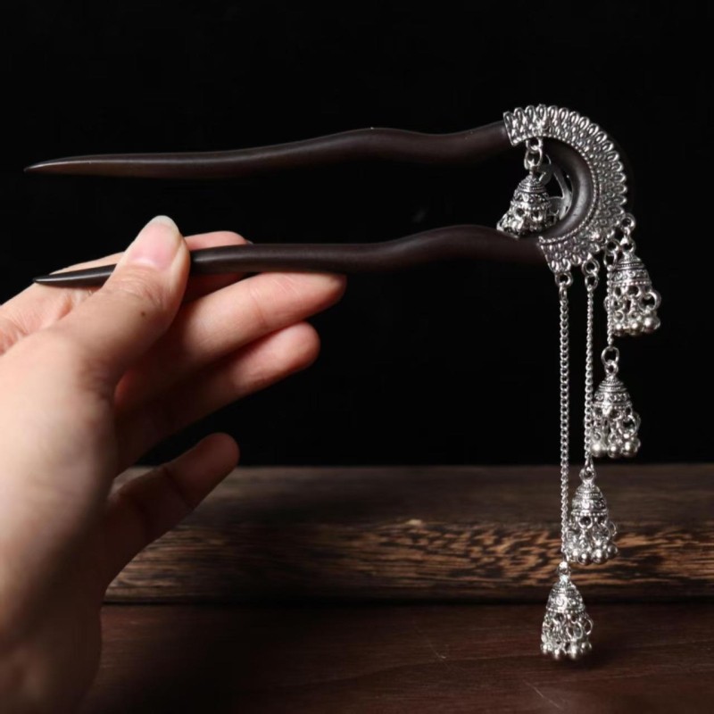 【归鸿落雪】新中式双面黑色发簪复古民族风铃铛易梦玲同款发饰品