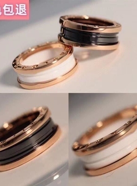 陶瓷小众V金镀18K小蛮腰弹簧戒指女小红人黑白陶瓷男女情侣对戒