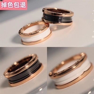 陶瓷小众V金镀18K小蛮腰弹簧戒指女小红人黑白陶瓷男女情侣对戒