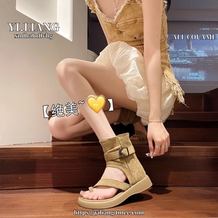 夏季 2025新款 配裙子川西短靴子凉靴 女款 厚底套趾夹脚高帮罗马凉鞋