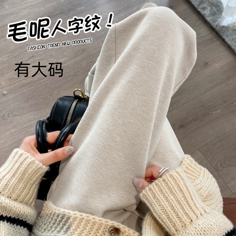 人字纹阔腿裤女秋冬高腰毛呢裤子米白糯米加绒加厚大码窄版直筒裤
