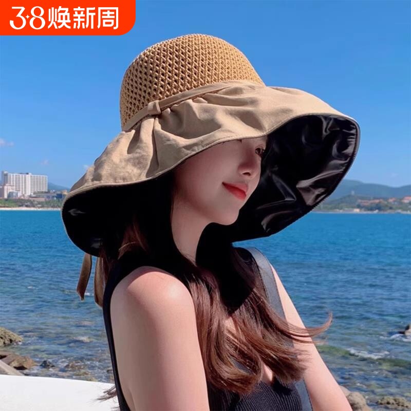 可折叠黑胶渔夫帽防晒帽子女款2025新款夏太阳帽遮阳防紫外线草帽