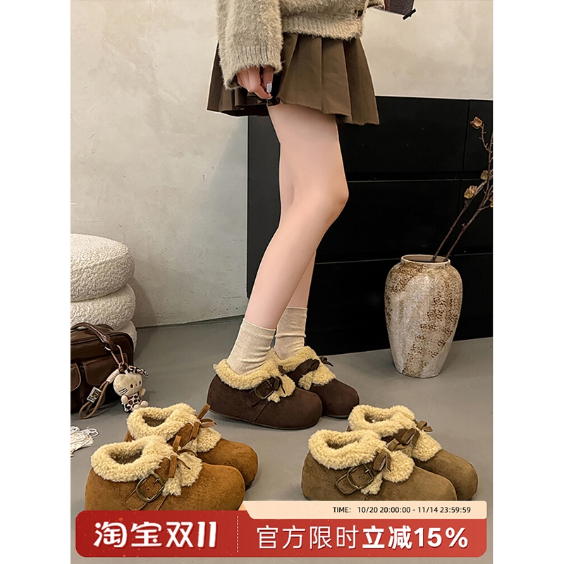 棕色复古法式厚底雪地棉鞋女冬2025新款保暖外穿防滑加绒勃肯鞋子