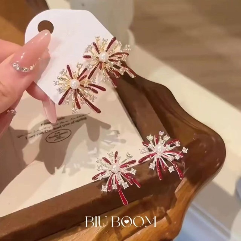 「biuboom」新年酒红色烟花耳钉气质氛围感温柔秋冬耳饰金色爱