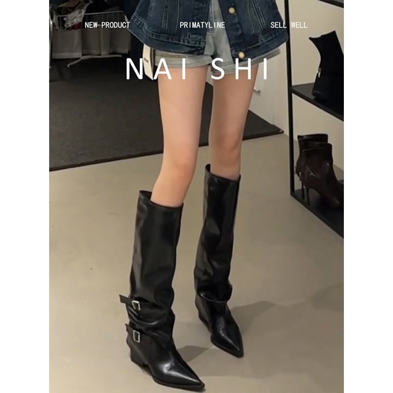 ！尖头粗跟裤管靴女高筒骑士靴牛仔长靴黑色棕色杏色羊皮中跟欧美