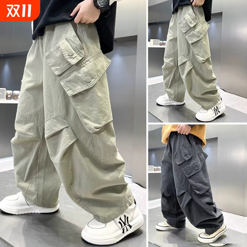 男童裤子春秋款2025新款中大童春季阔腿工装裤儿童直筒休闲运动裤