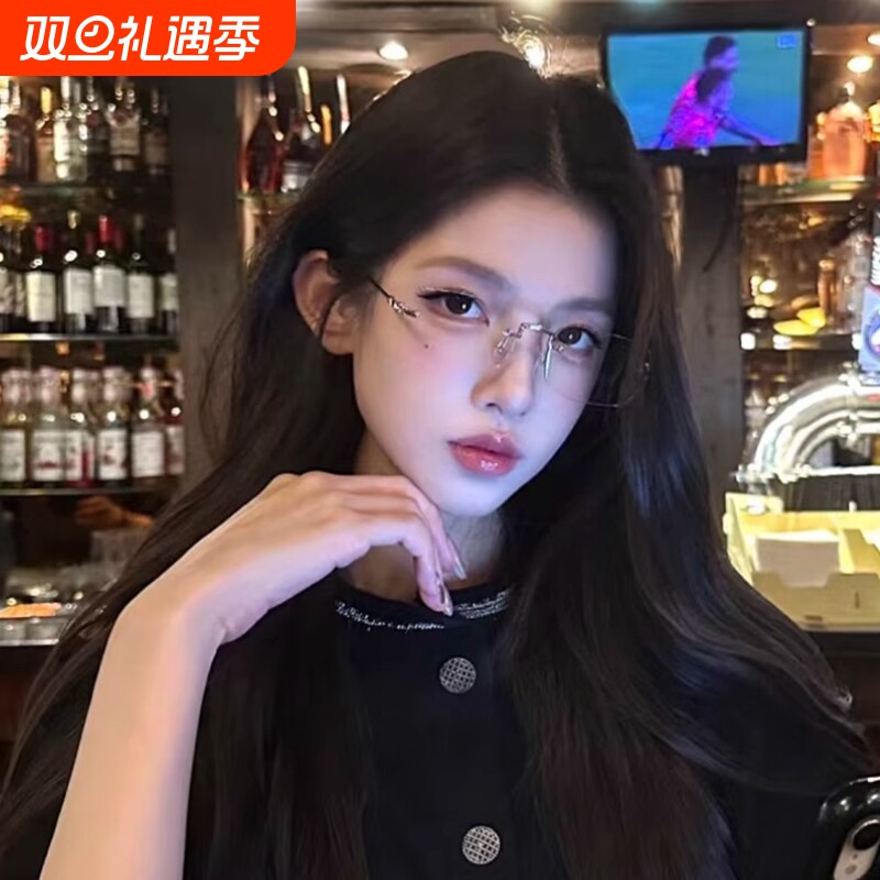 度数可配无框眼镜女高级感近视素颜金丝无边框纯欲防蓝光银色镜框