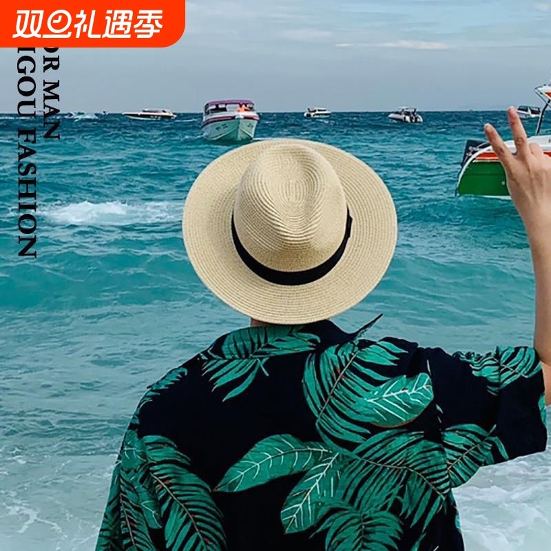 夏季薄款帽子巴拿马草帽法式帽男士高档户外遮阳防晒帽赫本风格款