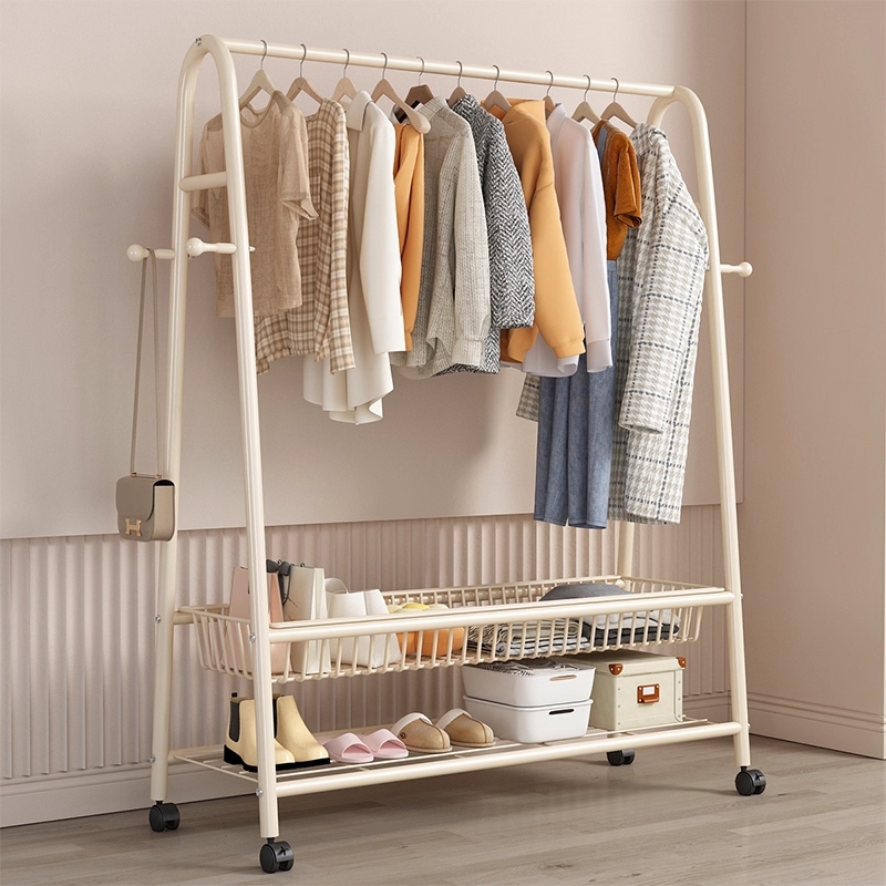 晾衣架落地卧室可移动挂衣架家用多功能衣服收纳架置物衣帽架双层