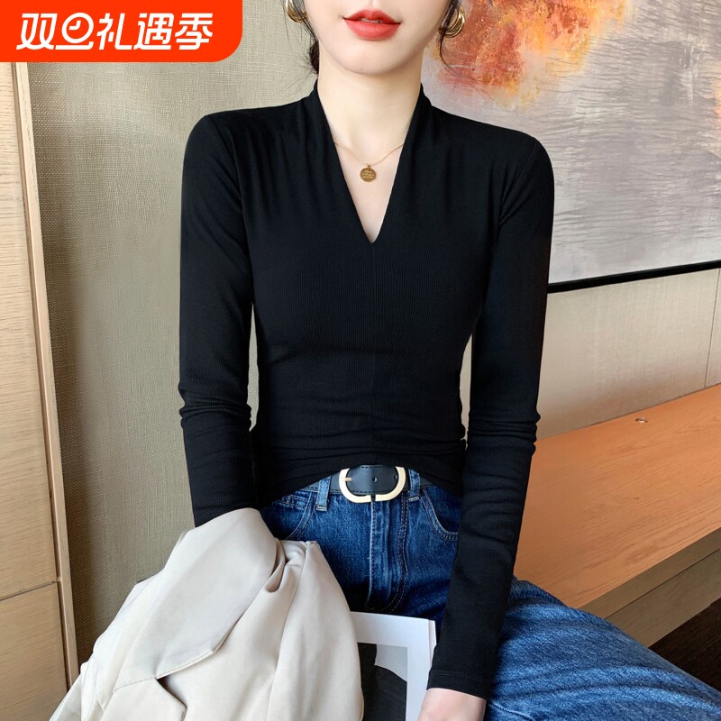 黑色深v领打底衫女内搭秋冬2025新款高级感洋气紧身低领长袖上衣