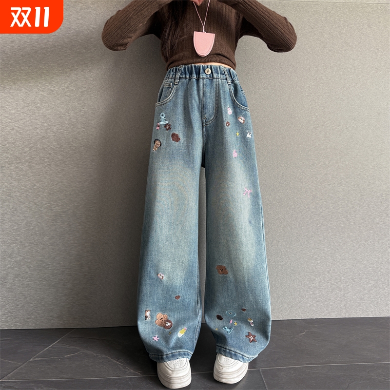 爱西娜长款牛仔布阔腿裤女孩童装