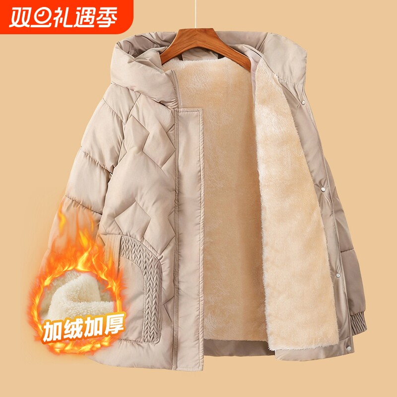 妈妈冬装外套棉袄中老年女奶奶加绒加厚连帽棉衣中年50岁保暖棉服