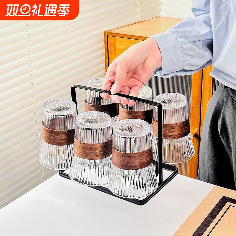 中式竖条纹玻璃杯防烫隔热家用客厅待客茶杯套装咖啡果汁喝水杯子