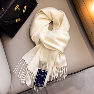 正品100%纯羊毛围巾白色绵羊毛保暖围脖秋冬季礼物实用轻奢格子