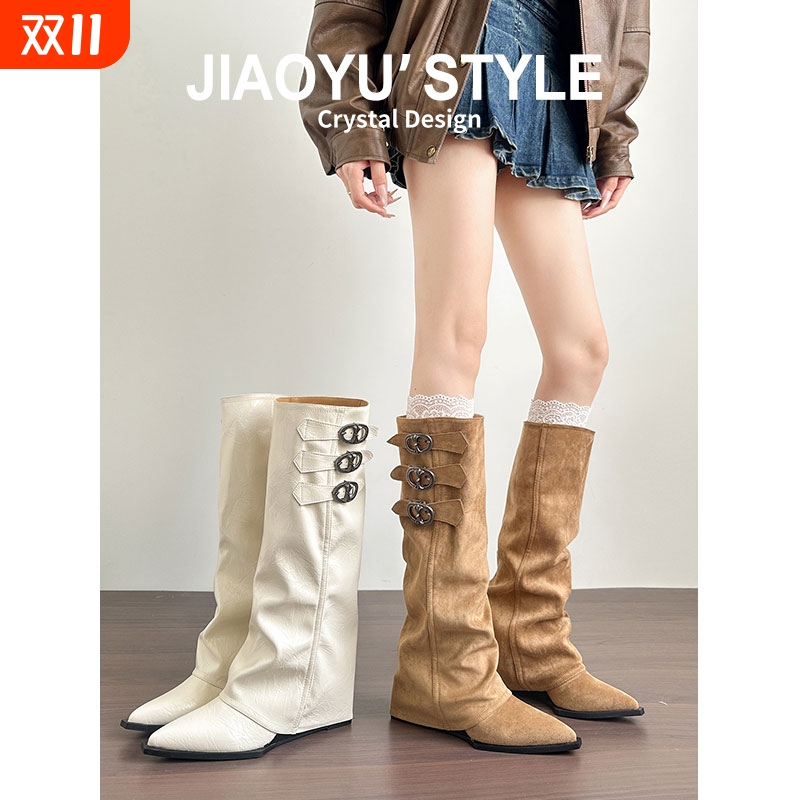 真皮~尖头内增高裤管靴女白色不过膝长筒靴坡跟骑士靴店主黑色