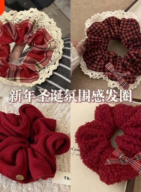 圣诞氛围大肠红色发圈格子发绳女生高级秋冬复古头绳头饰蝴蝶结