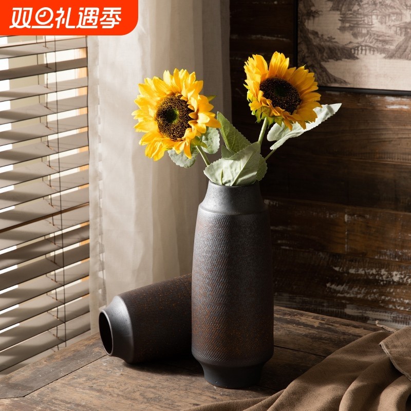 景德镇陶瓷花瓶铁艺工艺品复古桌面摆件书房客厅雕刻纹理装饰花器