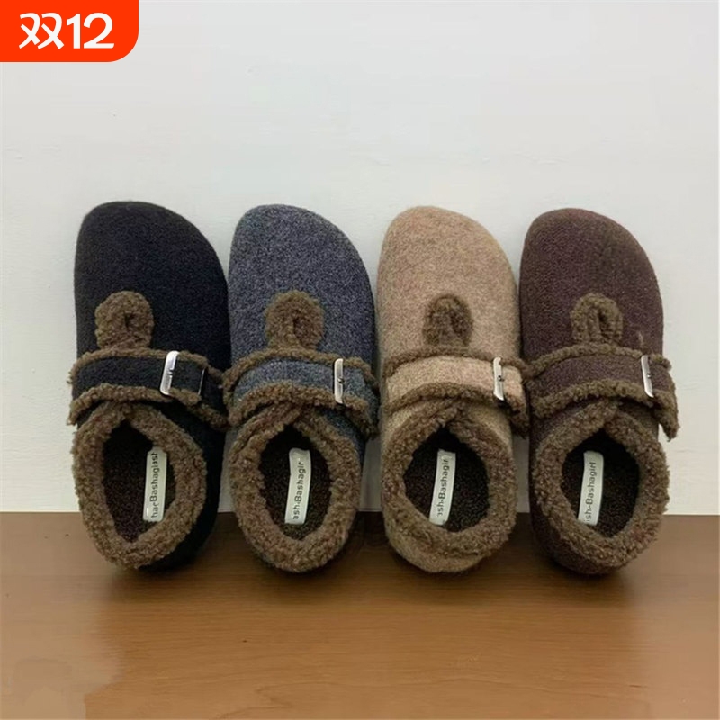 厚底内增高毛呢加绒勃肯鞋女2025秋冬新款保暖棉鞋玛丽珍鞋毛毛鞋