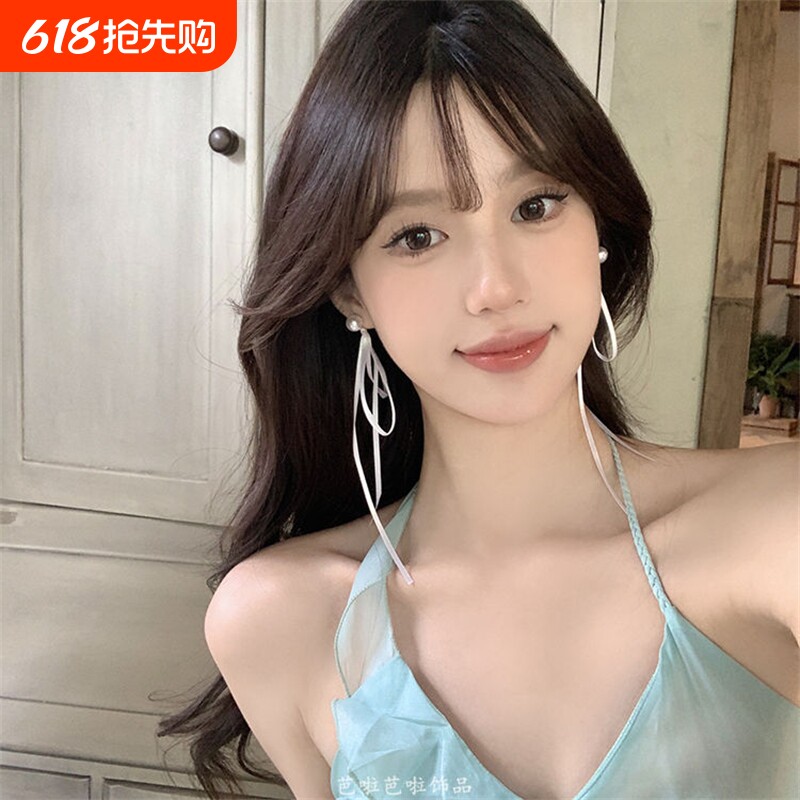 芭蕾风独特仙气蝴蝶结丝带珍珠耳环长款甜美气质耳钉耳饰女花朵
