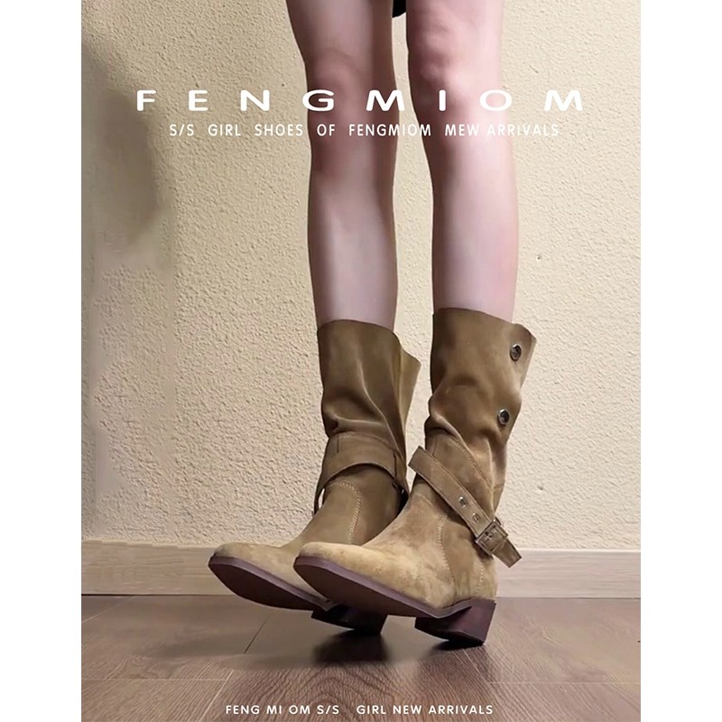 风靡家~复古美拉德风翻折两穿短筒靴女粗跟显瘦皮带扣西部牛仔靴