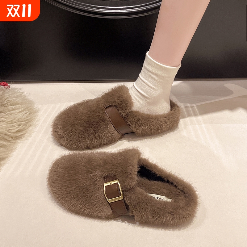 毛毛拖鞋女外穿2025新款秋冬季一脚蹬高级感水貂毛绒包头棉拖鞋