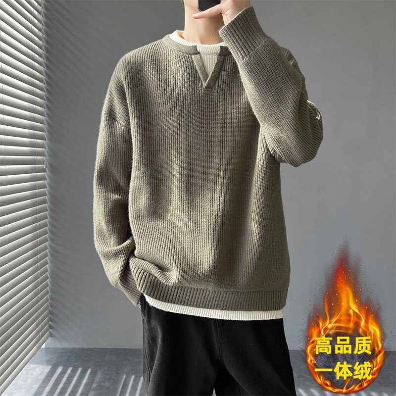 日系休闲假两件针织衫男套头上衣情侣百搭毛衣加绒保暖舒适秋冬装