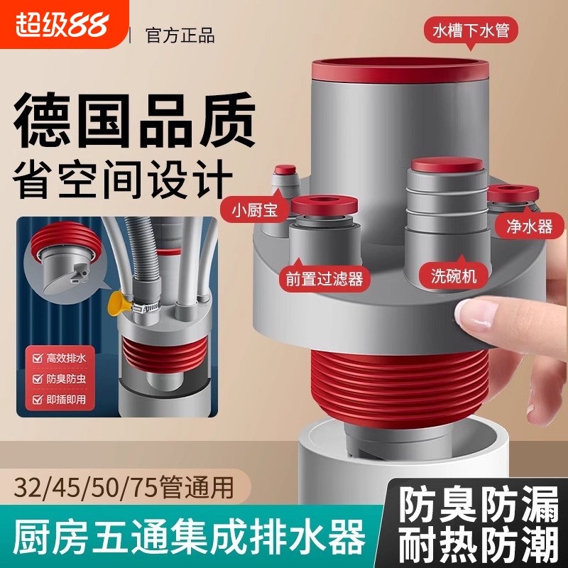 厨房下水分流器净水器洗碗机厨宝防臭防溢50管75管道通用洗衣机