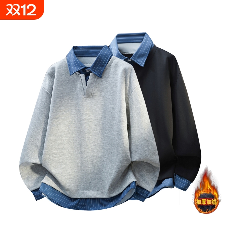 复古假两件条纹拼接长袖运动男女高级感宽松情侣上衣加绒休闲白色