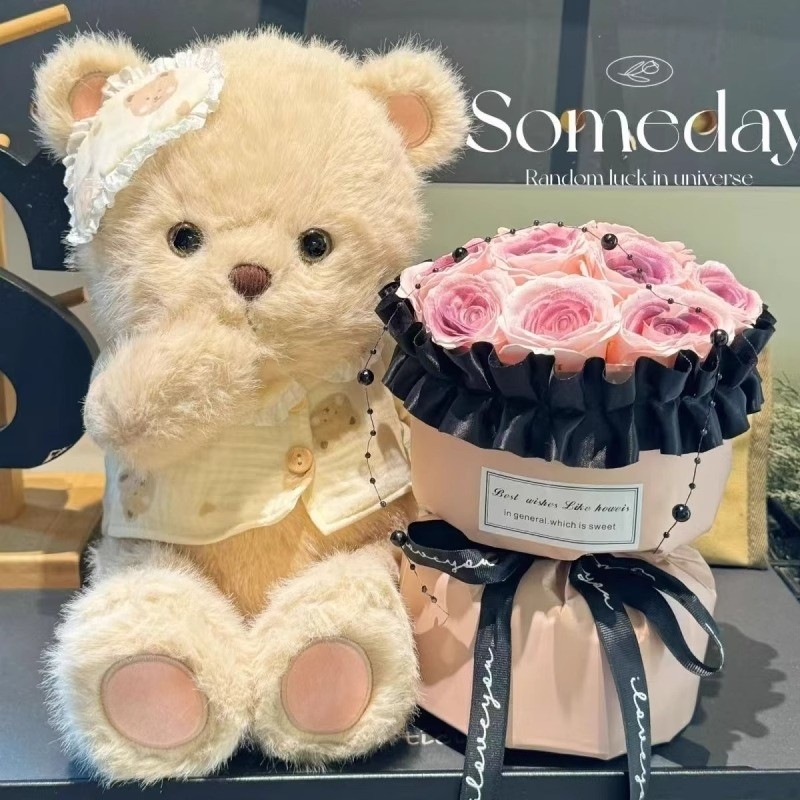 晚安熊玩偶玫瑰永生花束抱抱桶生日礼物女送女生女朋友闺蜜情人节