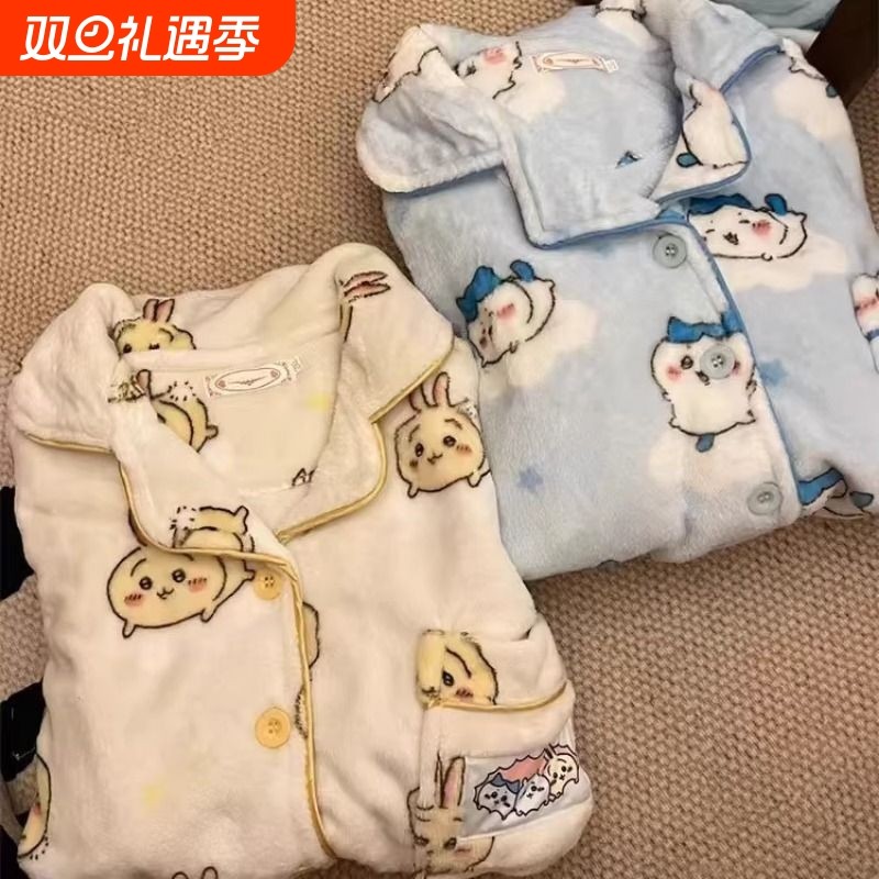 乌萨奇法兰绒睡衣女冬季加厚加绒可爱吉伊卡哇家居服套装小八白色