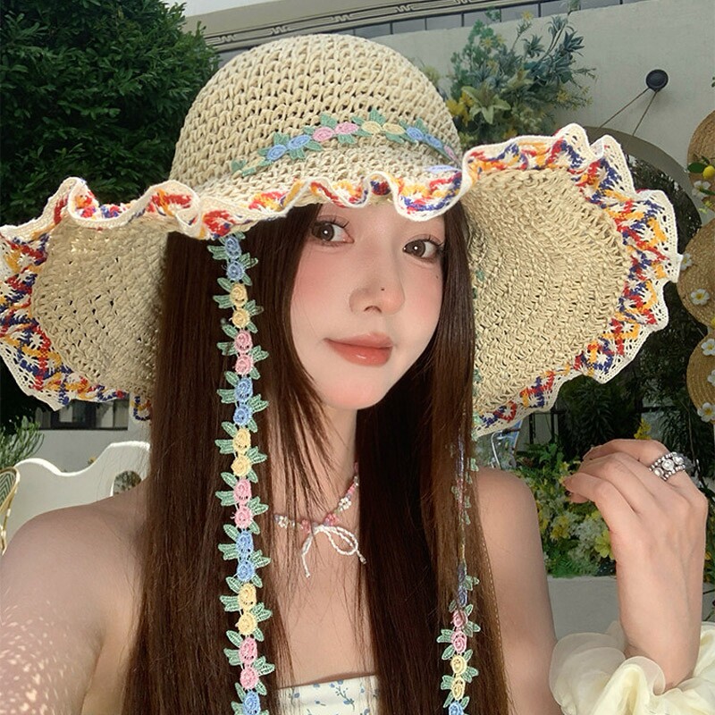 民族风大帽檐草帽女夏海边度假沙滩帽子遮阳防晒渔夫帽草编太阳帽