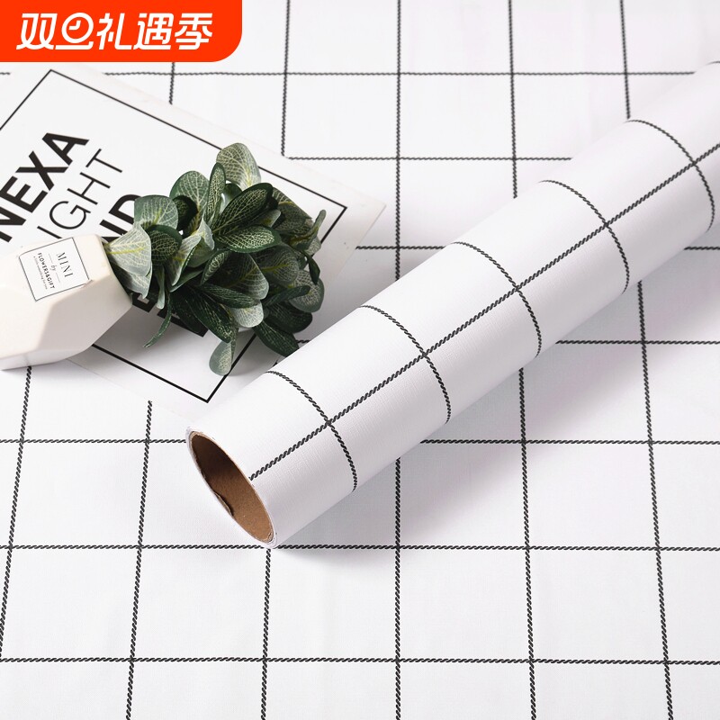 墙纸自粘格子宿舍卧室桌面翻新贴纸防水防潮壁纸即时贴厨房黑色