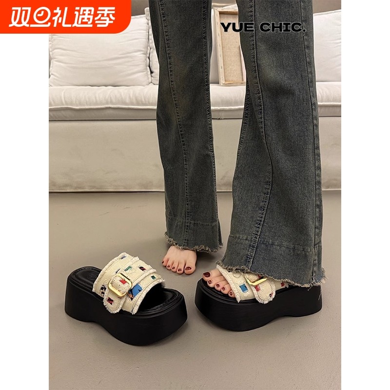 一字拖绝美厚底增高凉拖鞋女夏季外穿高级感法式坡跟拖鞋2025新款