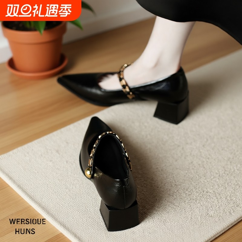 羊皮版绝美气质法式尖头高跟秋鞋女2025秋款秋季玛丽珍配裙子单鞋