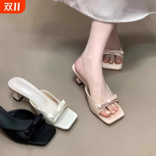 蝴蝶结一字拖配裙子高跟凉鞋 女夏外穿2025新款 露趾 绝美凉拖鞋 法式