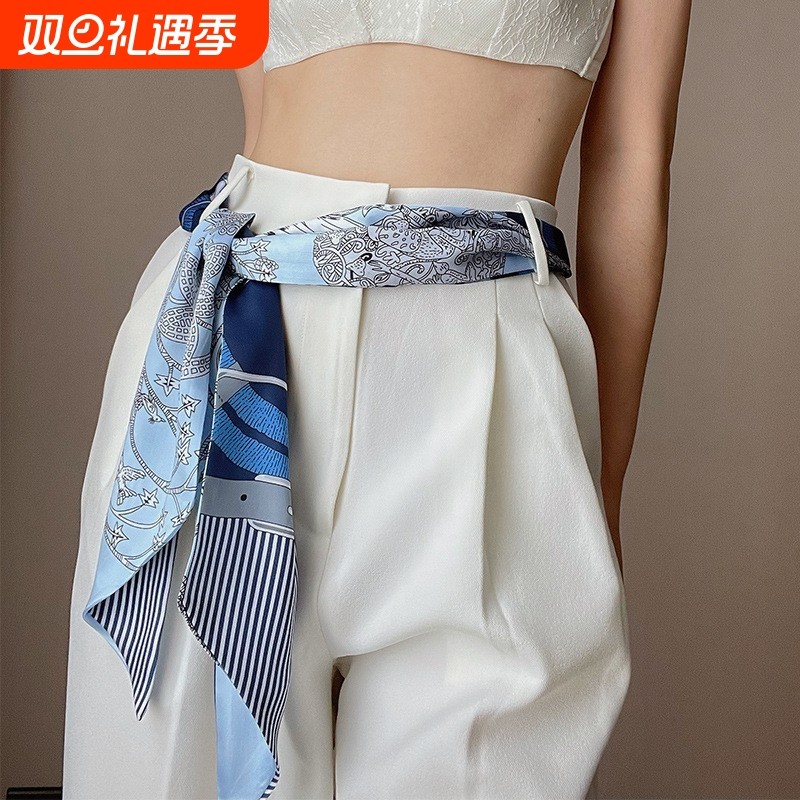 长条小丝巾女春秋夏季黑色护颈围脖子搭配衬衫飘带丝带腰带薄围巾