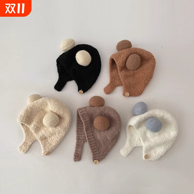 ins韩国洋气婴儿护耳帽秋冬季毛绒保暖小月龄宝宝撞色双球帽子冬