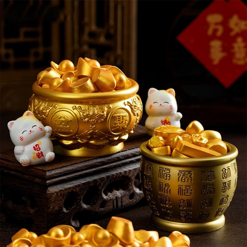 OTHER新年春节装饰招财运金色小摆件聚宝盆百福缸金币金米瓜子