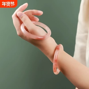 桃花酿手镯冰透飘花紫罗兰真玉镯子细圆条年轻女款粉色少女桃花