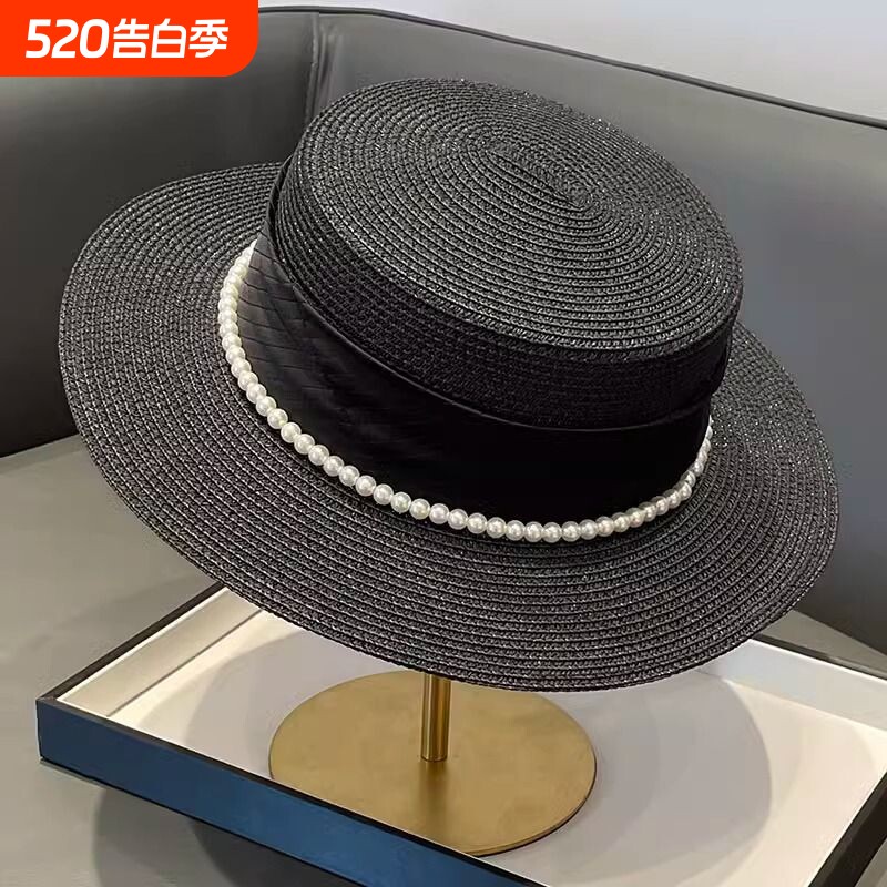 法式名媛平顶礼帽女夏季珍珠爵士帽海边度假防晒遮阳帽沙滩黑色