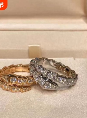 蛇形戒指女新款莫桑钻蛇骨指环食指精工戒时尚首饰玫瑰金黄金贝母