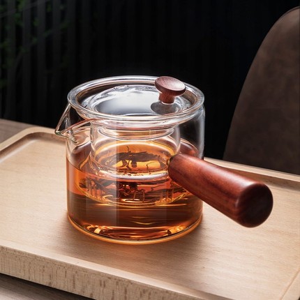 侧把玻璃煮茶壶茶具木把过滤分离泡茶器加厚耐高温单壶煮茶器家用