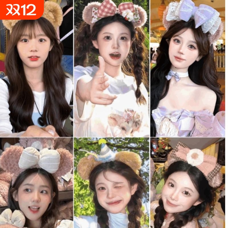迪士尼毛绒发箍女2025年新款游乐园拍照发卡可爱甜美头箍洗脸头饰