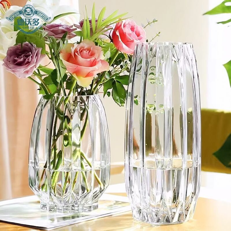 轻明水养瓶棱竹简约摆件插花玻璃花瓶富贵鲜花透竖百合网奢客厅红