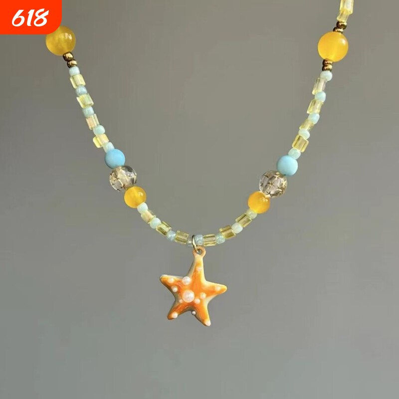 甜美多巴胺橘子海星项链女海边度假风星星串珠锁骨链夏日清新颈链