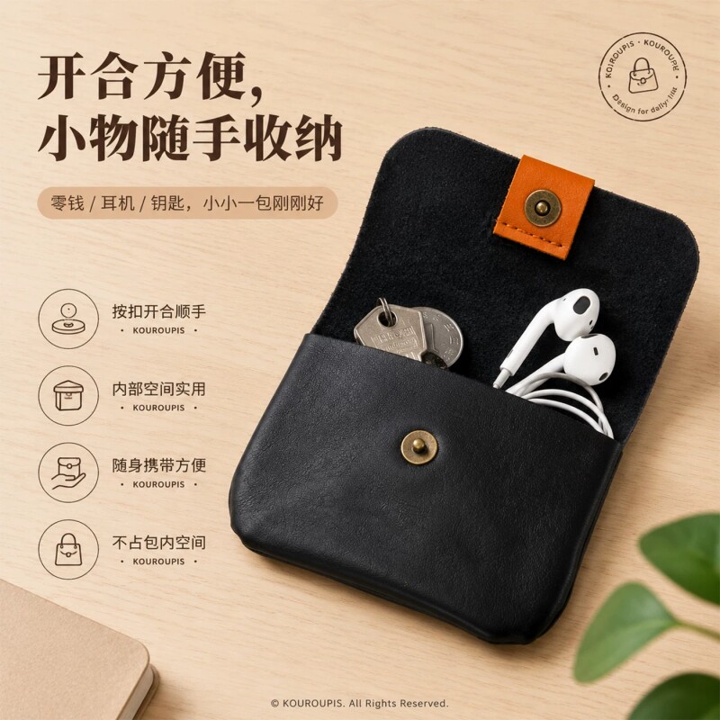 手工真皮零钱包卡包撞色复古按扣迷你便携硬币包耳机钥匙收纳小包