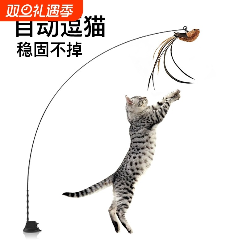 逗猫棒带吸盘自动逗猫自嗨解闷猫咪玩具长杆鸟羽毛替换头宠物玩具