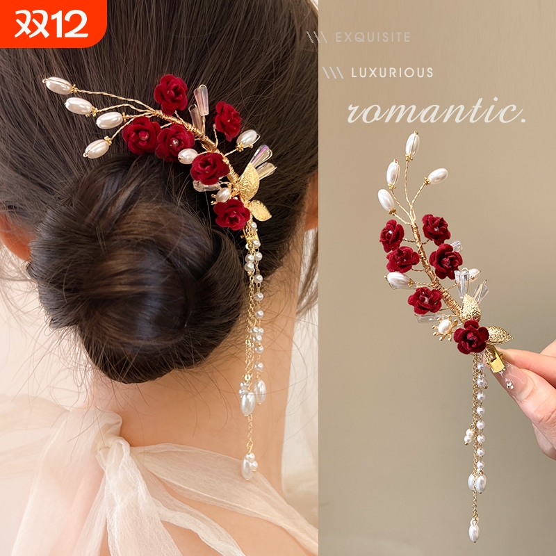 新中式头花红色珍珠头饰